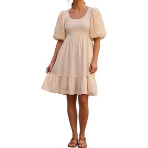 Shop Stevie Cream Rosette Puff Sleeve Smocked Empire Waist Tiered Dress - Large